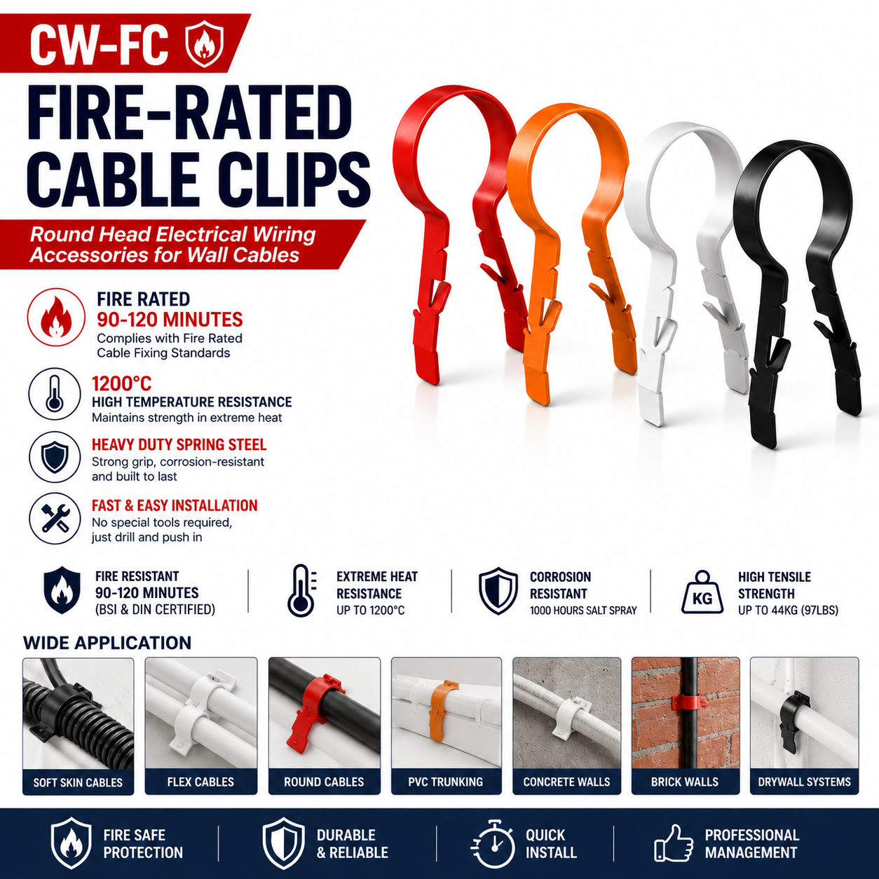 CW-FC: Fire Cable Clips Round Head Electrical Wiring Accessories for Wall Cables CW-FC: Fire Cable Clips Round Head Electrical Wiring Accessories for Wall Cables