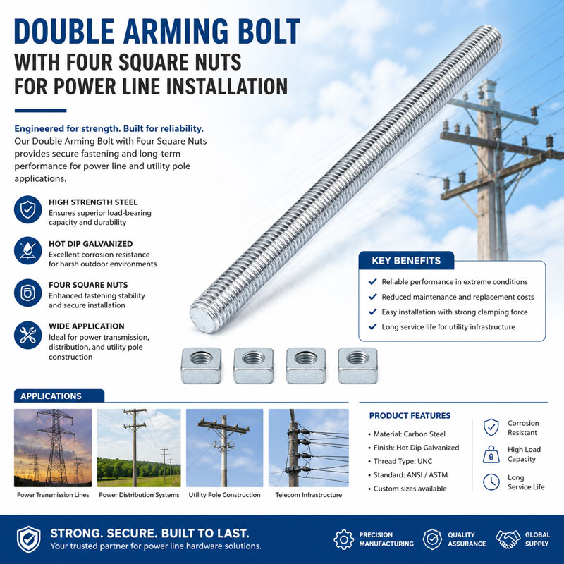 Double Arming Bolt with Four Square Nuts for Power Line Installation