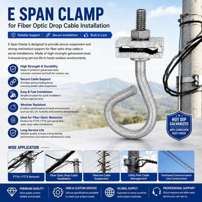 E Span Clamp for Fiber Optic Drop Cable Installation