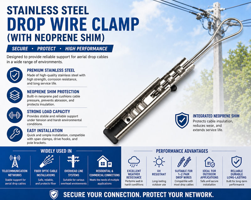 Stainless Steel Drop Wire Clamp With Neoprene Shim for Telecom Applications
