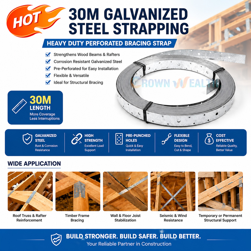 30M Galvanized Steel Strapping for Wood Beams & Rafters | Perforated Bracing Strap 30M Galvanized Steel Strapping for Wood Beams & Rafters | Perforated Bracing Strap