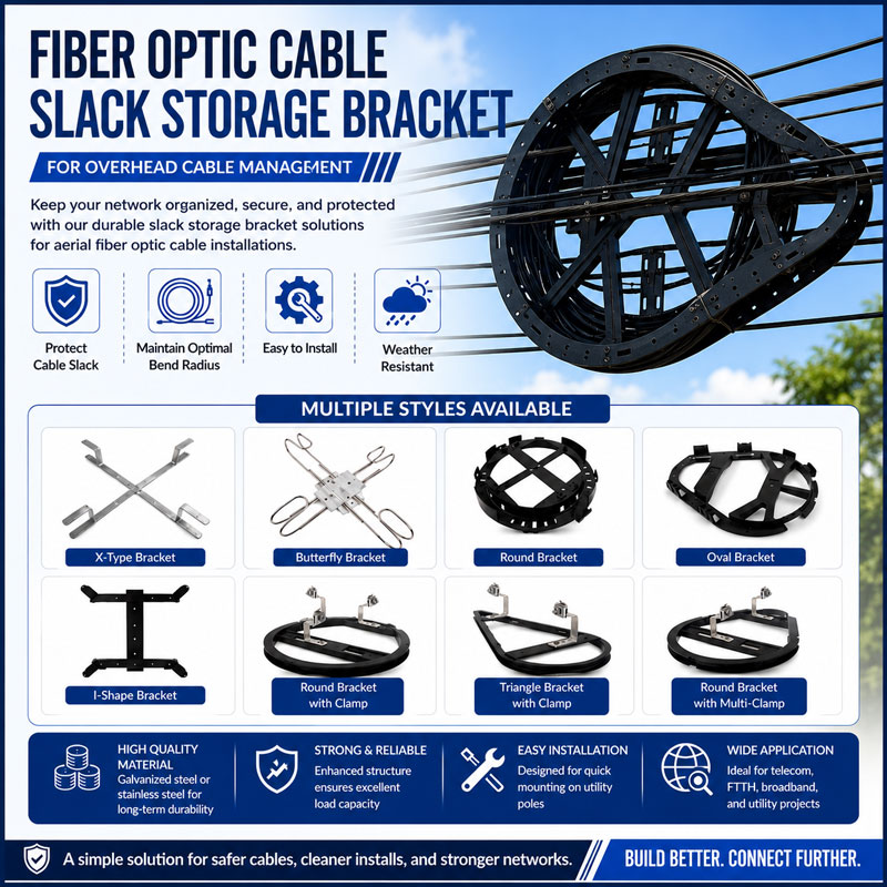 Fiber Optic Cable Slack Storage Bracket for Overhead Cable Management