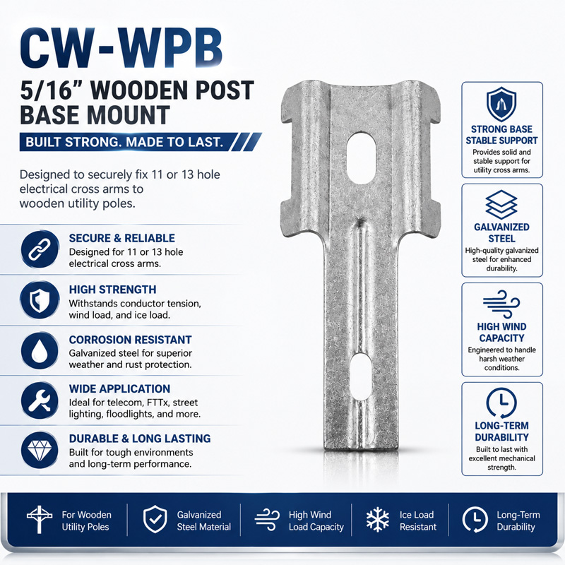 CW-WPB: The 5/16 Wooden Post Base Mount is Designed to Fixed 11 or 13 Hole Electrical Cross Arm CW-WPB: The 5/16 Wooden Post Base Mount is Designed to Fixed 11 or 13 Hole Electrical Cross Arm